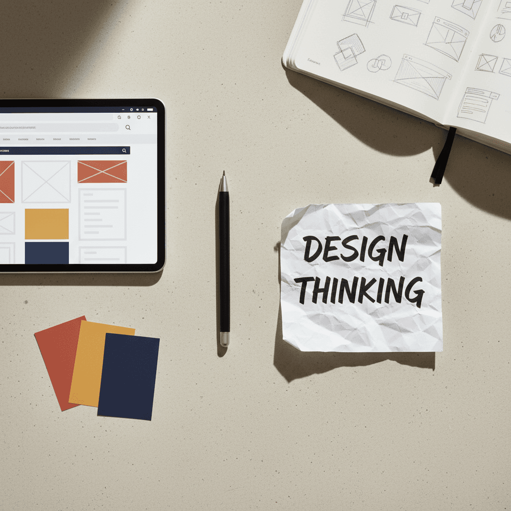Design tools and mockups arranged on workspace